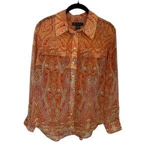 INC International Concepts Boho Paisley Semi-Sheer Blouse Orange Pink 8